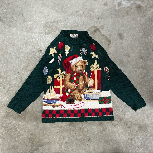 80s/90s Vintage "Drum Bear" Ugly Christmas Knit Sweater 62699 - Men's Medium - Picture 2 of 5